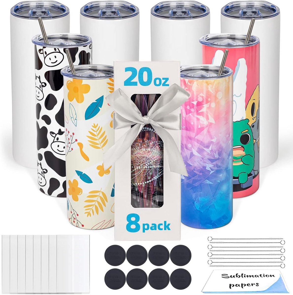 8x Rechte Sublimatie Tumblers 590 ml RVS Isolerend Wit – Inclusief Deksel, Cadeauverpakking