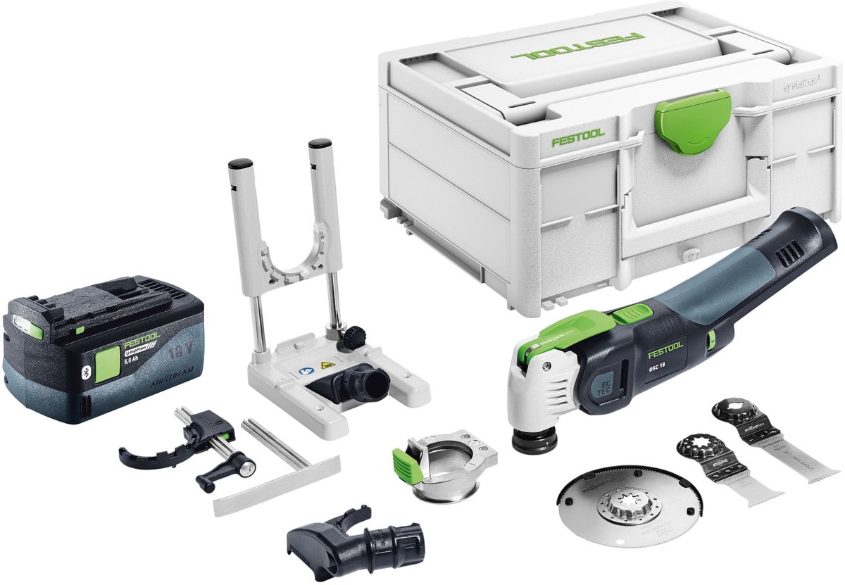 Festool OSC 18 E-Basic-set accu-oscillator 18 V Starlock Max Brushless + 1x accu 5,0 Ah + 7-delige accessoire set + Systainer - zonder oplader