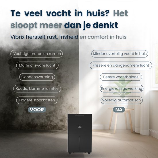 Vibrix DryFlow6 Pro Luchtontvochtiger – 6L per dag – Bediening via App – Wasdroogfunctie – Stil & Energiezuinig – Voor Badkamer, Kelder, Zolder & Slaapkamer – Dehumidifier