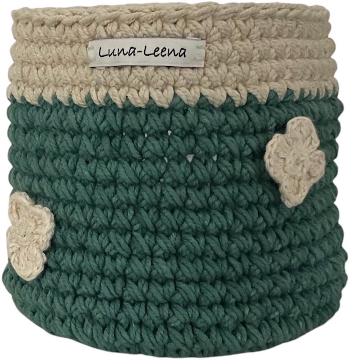Luna-Leena duurzaam mandje met bloemen - katoen en bio katoen - groen met witte rand - hand gehaakt in Nepal - opberger - plantenmand - kinderkamer - kamerdecoratie - basket