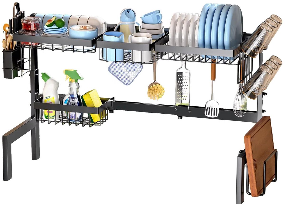 Virtubuy - Afdruiprek voor boven de gootsteen - keukengerei - 2-laags intrekbaar afdruiprek met antislip zuignappen, duurzaam ontwerp boven het gootsteen, multifunctioneel afdruiprek, universeel - Wit en grijs, 46 cm.