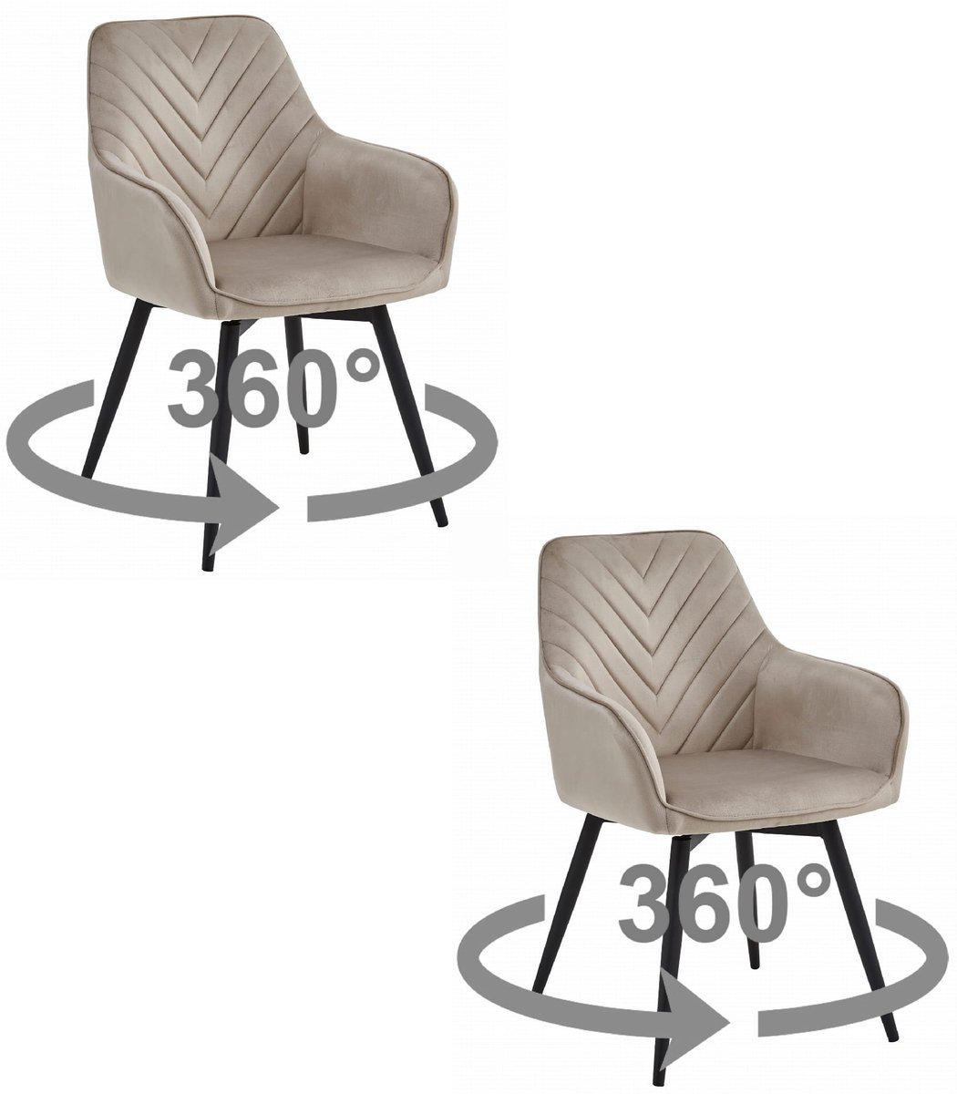 LEOBERT Set van 2 eetkamerstoelen NANA360 Donker Beige Fluweel – Draaibaar – Zwarte Metalen Poten
