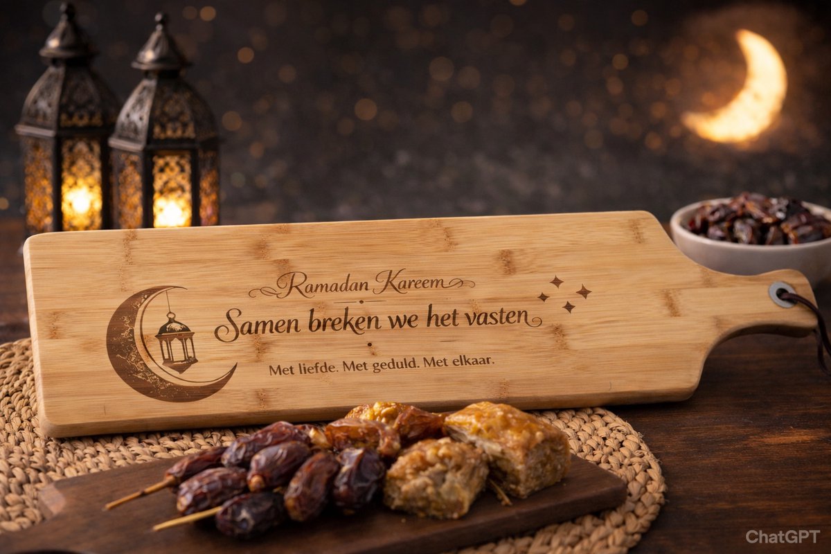 Ramadan Borrelplank – “Samen breken we het vasten” – Houten Serveerplank met Gravure – Ramadan Cadeau – 60 x 17 cm incl handvat- personaliseren