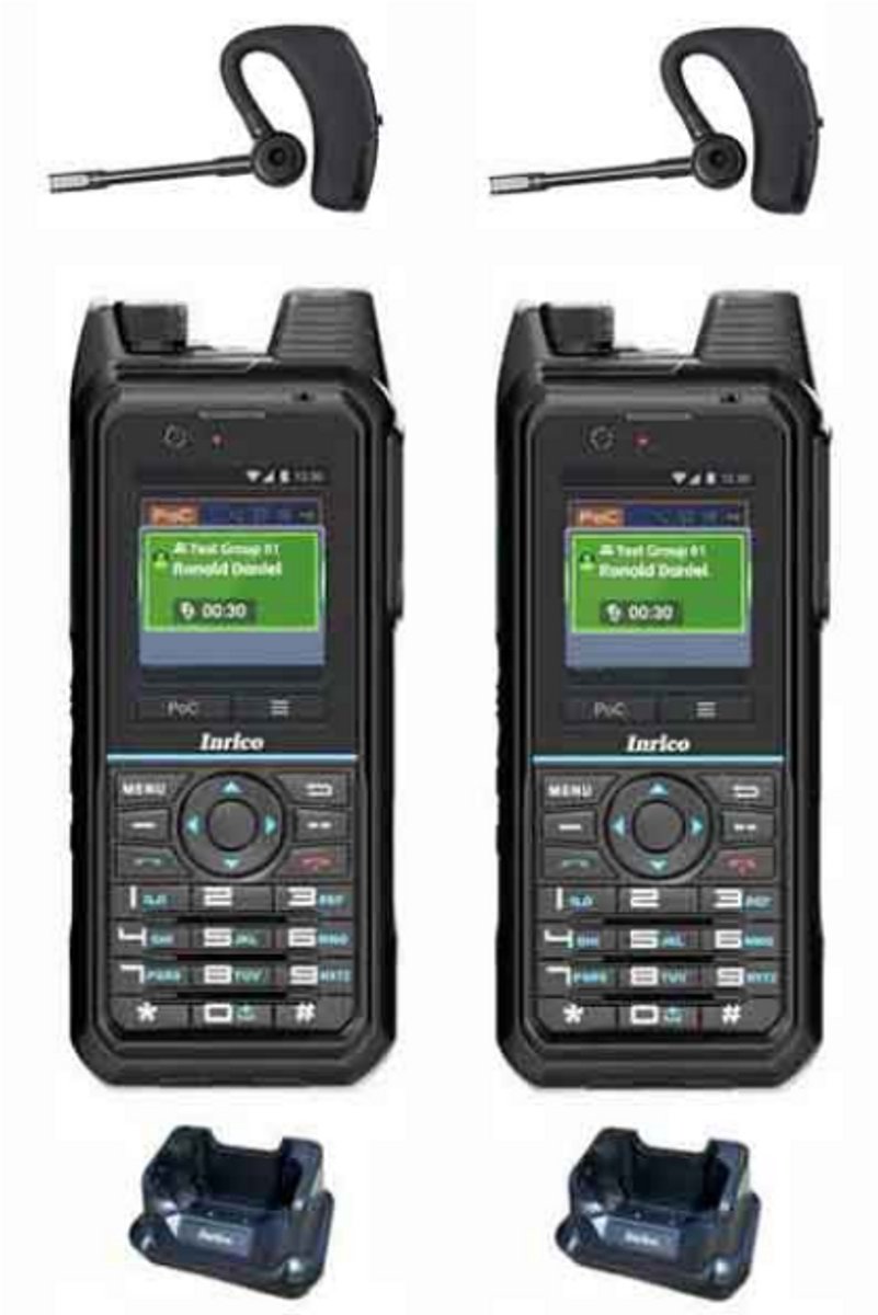 Set van 2 Inrico T330 4G LTE Zello Smart Portofoon IP68 met tafellader en Bluetooth oortje