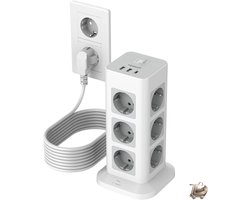 Stekkerdoos met 12 stopcontacten — USB-C & USB-A poorten — Overspanningsbeveiliging — 10 m verlengkabel — Met aan/uit-schakelaar