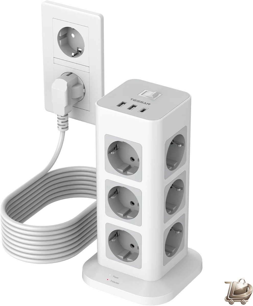 Stekkerdoos met 12 stopcontacten — USB-C & USB-A poorten — Overspanningsbeveiliging — 10 m verlengkabel — Met aan/uit-schakelaar