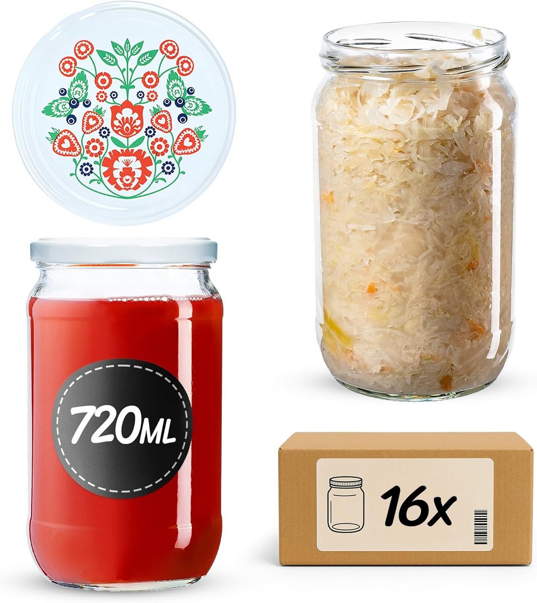 Set van 16 Inmaakpotten 720ml met Schroefdop voor Potten en Bewaren