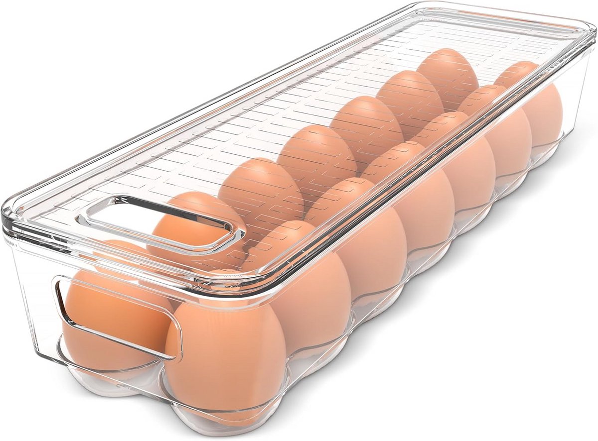 Eierdoos voor Koelkast met Deksel en Handvat voor 14 Eieren, Transparante Opbergdoos