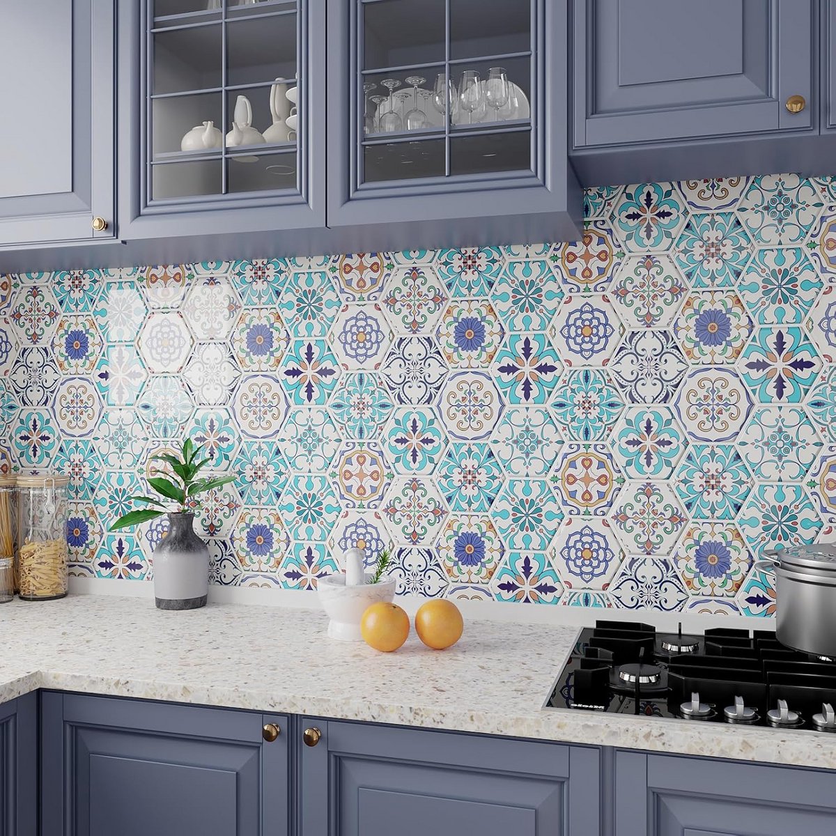 Zelfklevende Wandtegels Zeshoekig Marokkaans Patroon Blauw Voor Keuken en Badkamer - Water