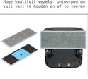 Grijze microfiber dweilpads, één met blauwe rand, met een deel dat aan de robot bevestigd wordt.