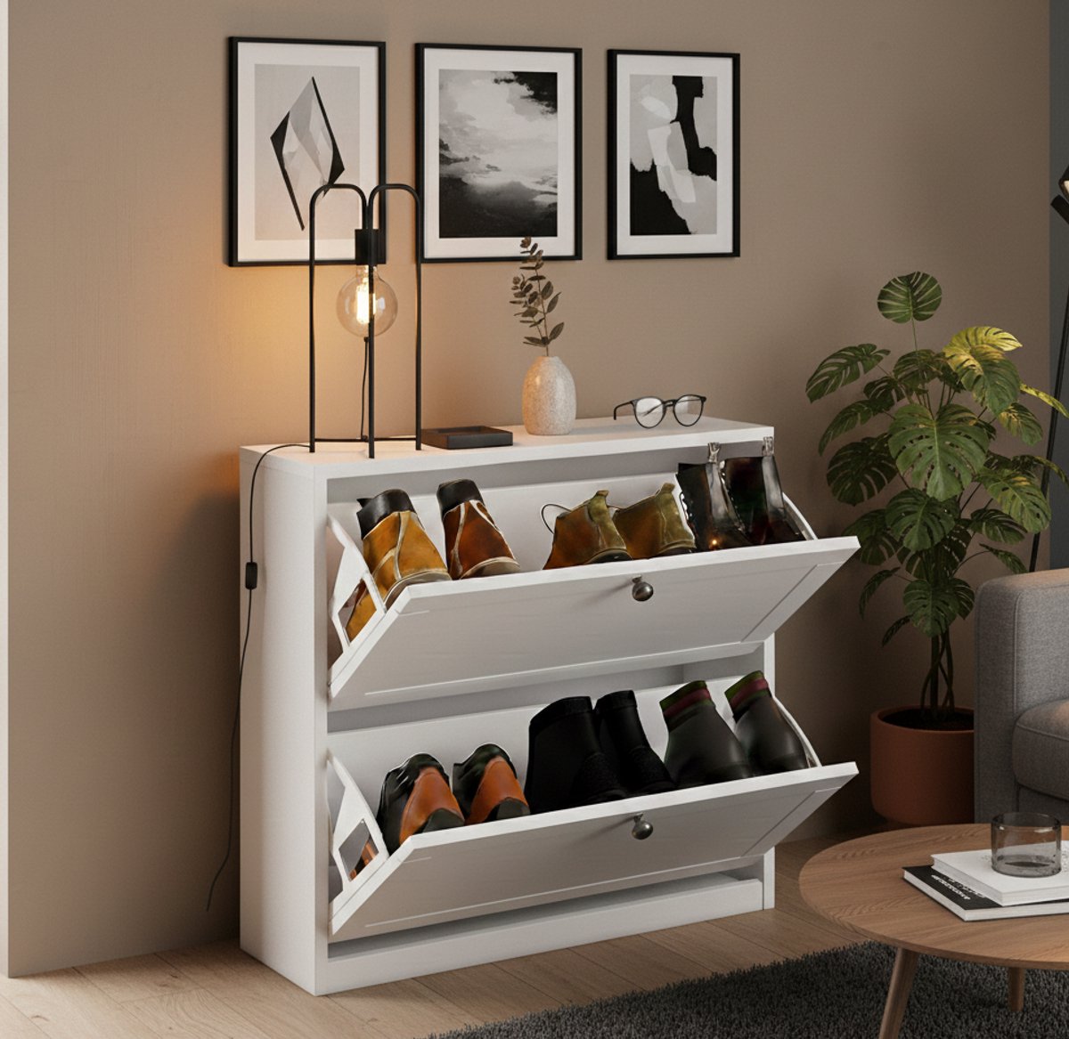House&Garden OsloLine Smalle Schoenenkast met 2 Kleppen – Wit – 80x24x80 cm – Verstelbare Vakken & Anti-Kantelvoorziening