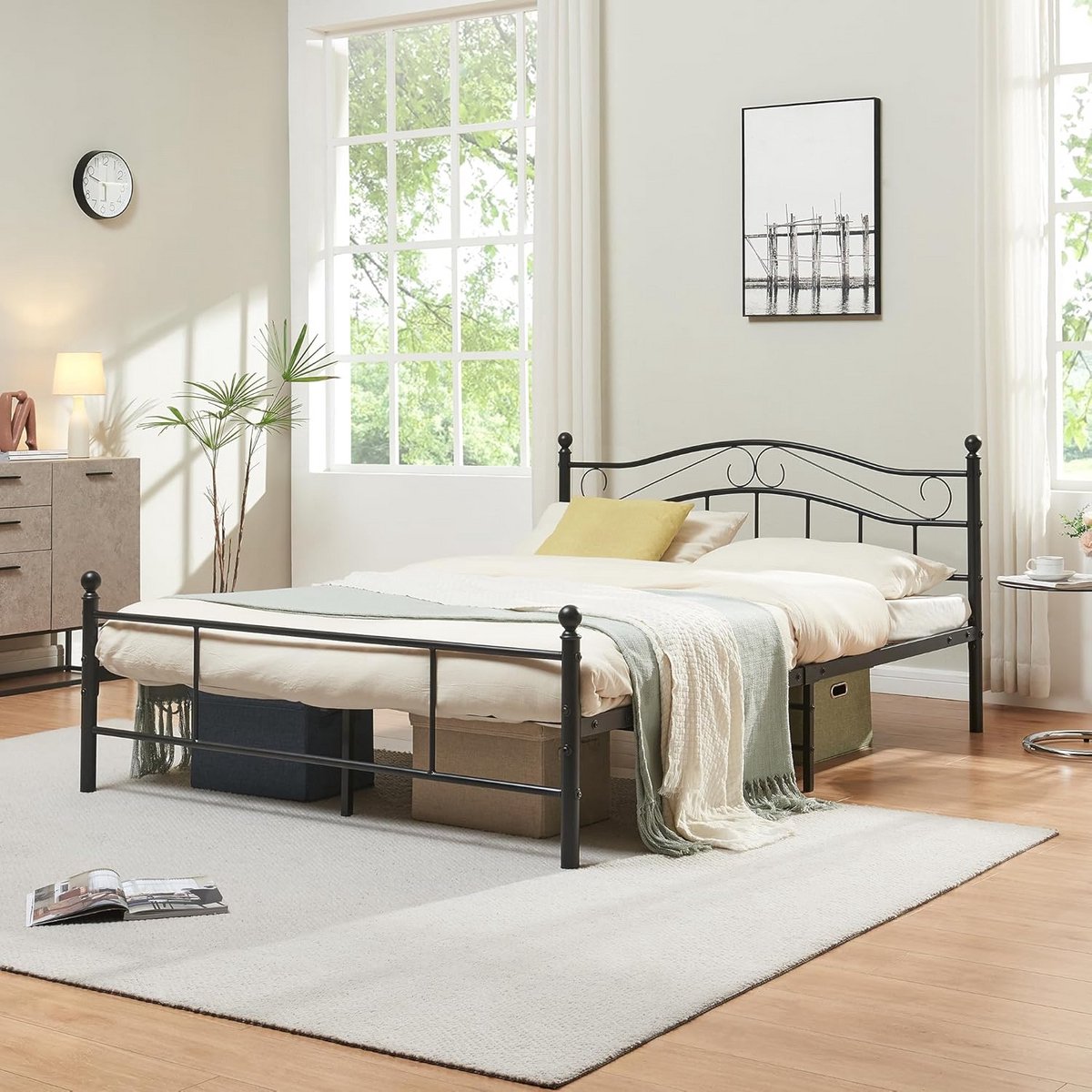 Metalen Tweepersoons Bed 140x200 Zwart Inclusief Lattenbodem Vintage Stijl
