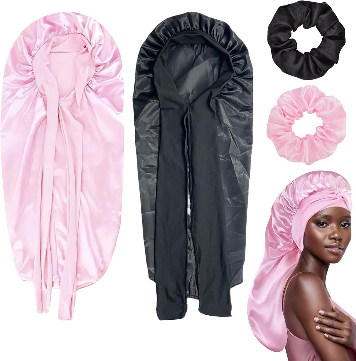 Zijden Slaapmuts - Nachtmuts Dames - Haarverzorging - Met Haarstrikken - 2 Stuks - Zwart Roze