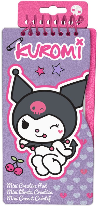 Paars mini notitieboekje met Kuromi, sterren en kersen. Kuromi logo boven.