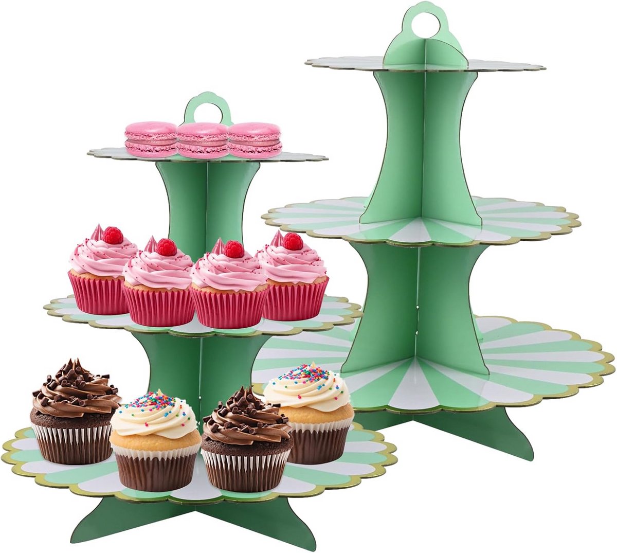 Set van 2 Groene 3-Laags Taart- en Cupcake Presentatieset voor Feestjes