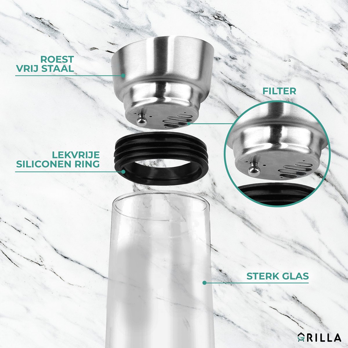Grilla Karaf – Waterkan met Deksel en Filter – Waterkaraf – Glas – 1000ml — cadeau in Koken & Dineren - foto 2