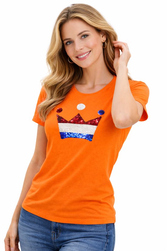 T-shirt slim fit femme drapeau néerlandais couronne avec séquence magique | Vêtements pour la Fête du Roi| Hollande | Championnats d'Europe - Championnats du monde - Jeux olympiques | Orange | taille XL