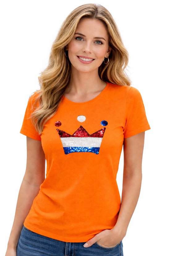 T-shirt slim fit femme drapeau néerlandais couronne avec séquence magique | Vêtements pour la Fête du Roi| Hollande | Championnats d'Europe - Championnats du monde - Jeux olympiques | Orange | taille XL