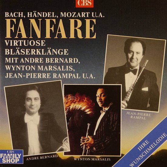 Albumhoes met de titel Fanfare Virtuose Bläserklänge. Drie portretten van musici: Jean-Pierre Rampal met fluit, Andre Bernard en Wynton Marsalis met trompet.
