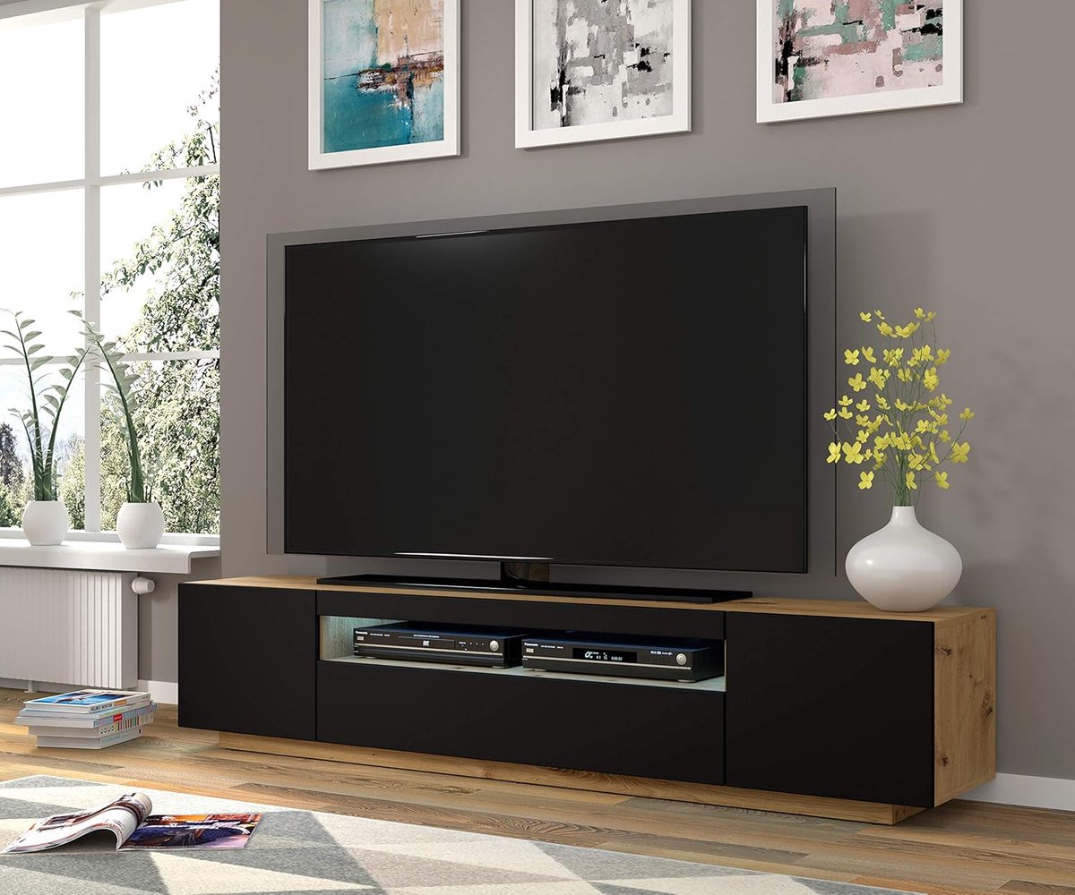 TV Meubel Lowboard 200 cm – Hangend of Staand Modern Dressoir met Opbergruimte, Artisan Eiken en Mat Zwarte Fronten – Open Vak met Kabeldoorvoer – ABKANTOOR