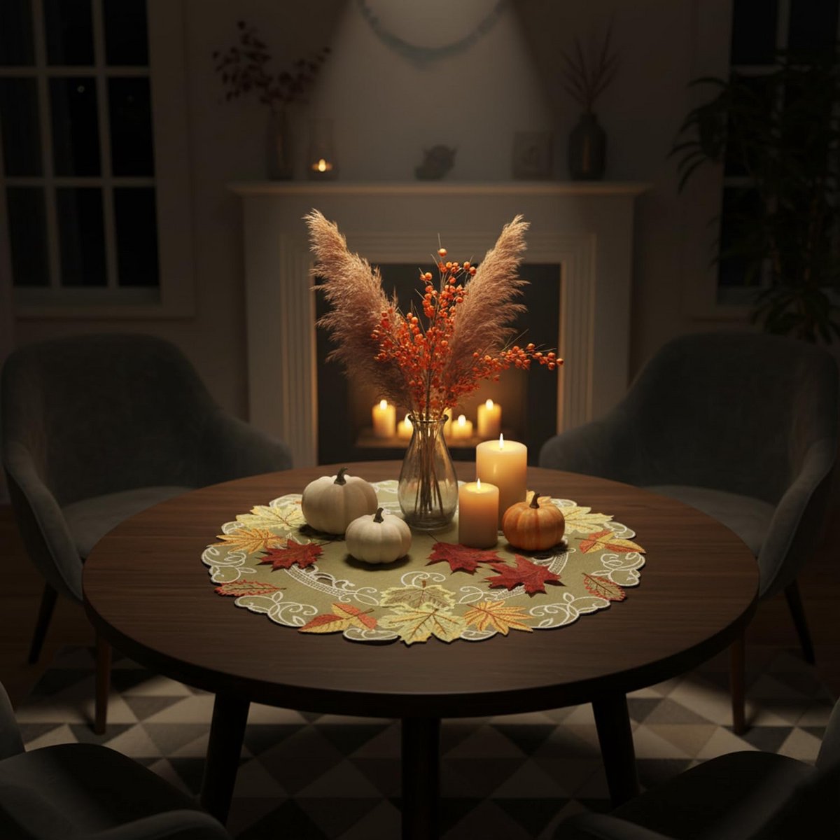 Ronde Tafelloper met Herfstbladeren Print - Linnen Look Groen Beige