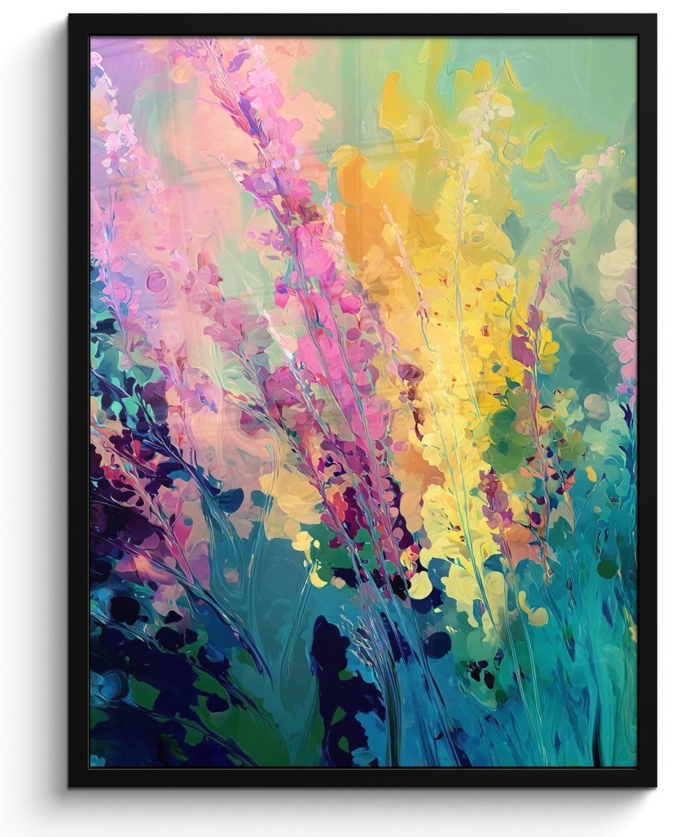 FrameYourWall Poster in lijst - Fotolijst 50x70 cm - Posters - Dromerige - Langgerekte bloemen - Posterlijst zwart - Decoratie - Wanddecoratie woonkamer - Muurdecoratie slaapkamer Bloemen - Langgerekt