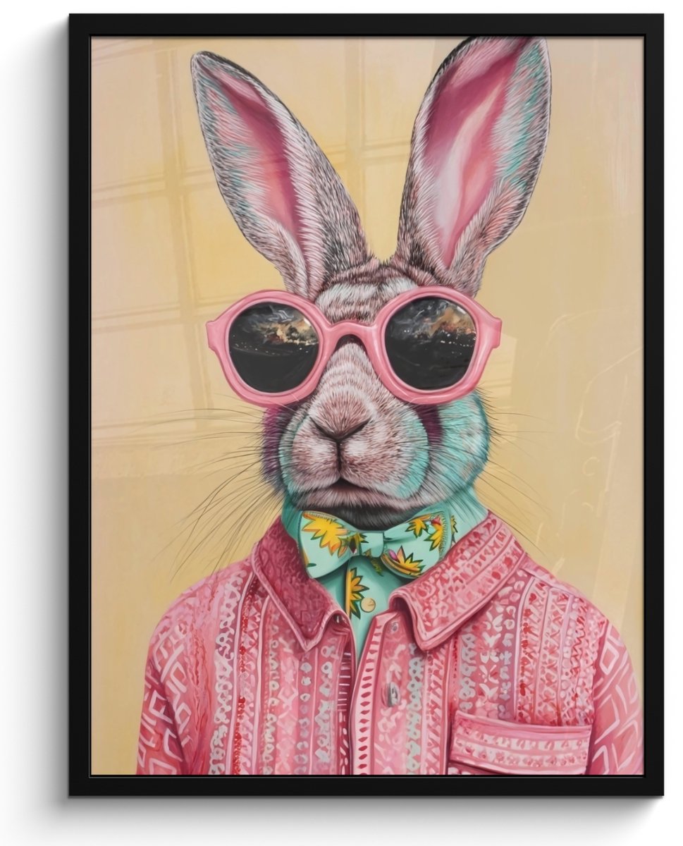 FrameYourWall Poster in lijst - Fotolijst 50x70 cm - Posters - Grijs - Konijn - Blouse - Strik - Posterlijst zwart - Decoratie - Wanddecoratie woonkamer - Muurdecoratie slaapkamer Panda