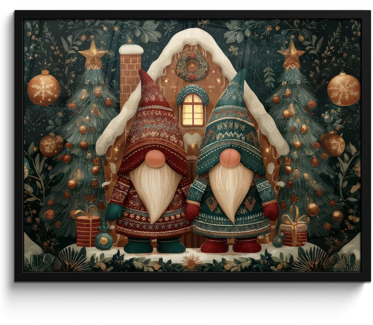 FrameYourWall Poster in lijst - Fotolijst 70x50 cm - Posters - Kerst - Gnomen - Peperkoekhuisje - Rood - Groen - Posterlijst zwart - Decoratie - Wanddecoratie woonkamer - Muurdecoratie slaapkamer - Kerstversiering - Kerstdecoratie voor binnen - Kerstmis Kerst - Gnomen - Huisje - Rood - Groen