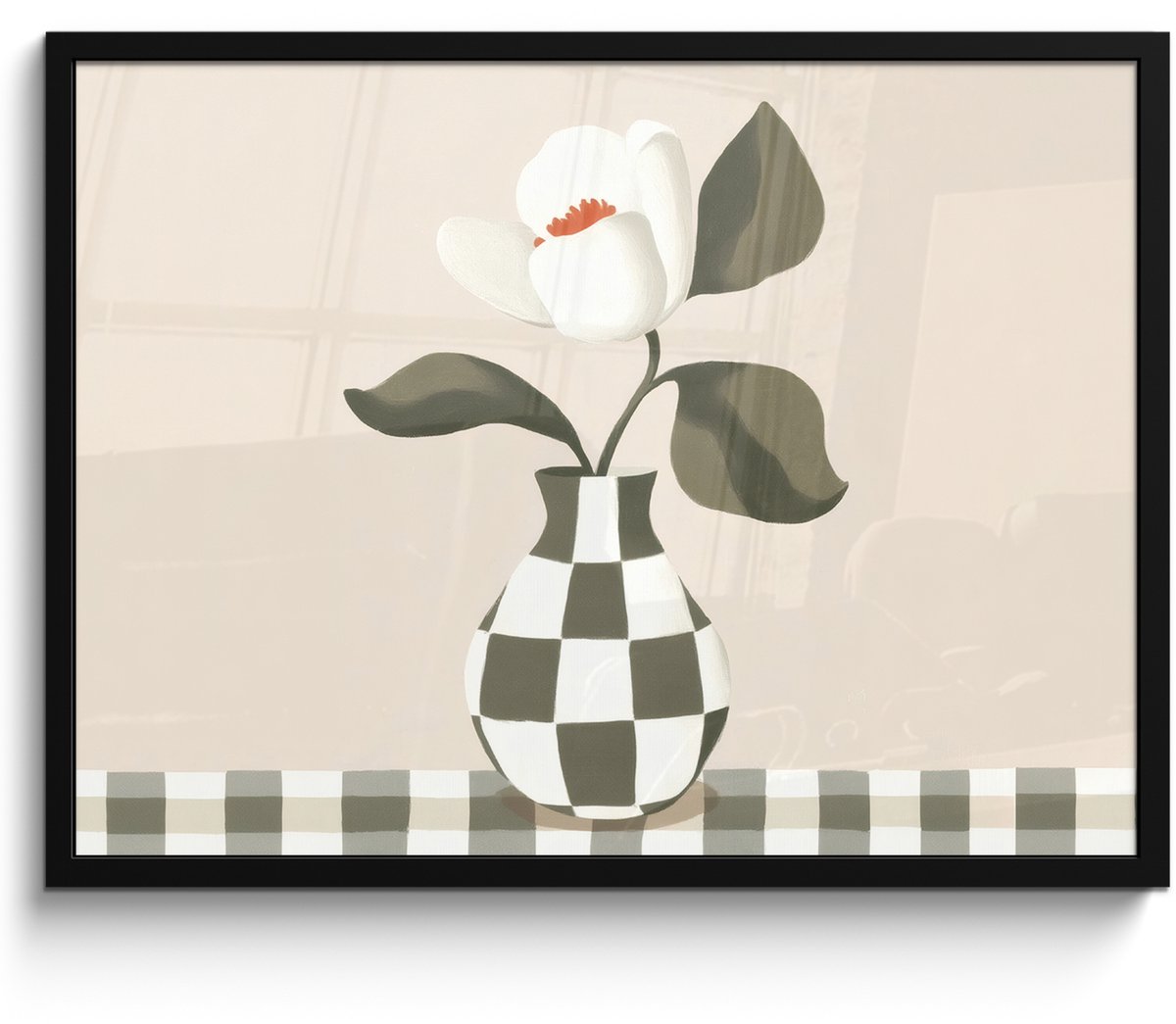 FrameYourWall Poster in lijst - Fotolijst 70x50 cm - Posters - Vaas - Geruit - Groen - Bloem - Posterlijst zwart - Decoratie - Wanddecoratie woonkamer - Muurdecoratie slaapkamer Bloem - Vaas - Geruit