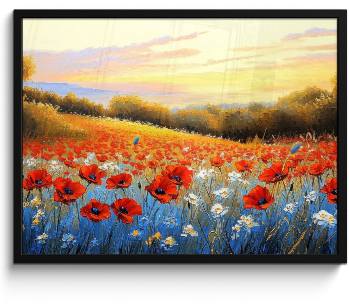 FrameYourWall Poster in lijst - Fotolijst 70x50 cm - Posters - Klaproos - Bloemenveld - Kleurrijk - Posterlijst zwart - Decoratie - Wanddecoratie woonkamer - Muurdecoratie slaapkamer Klaprozen - Bloemenveld