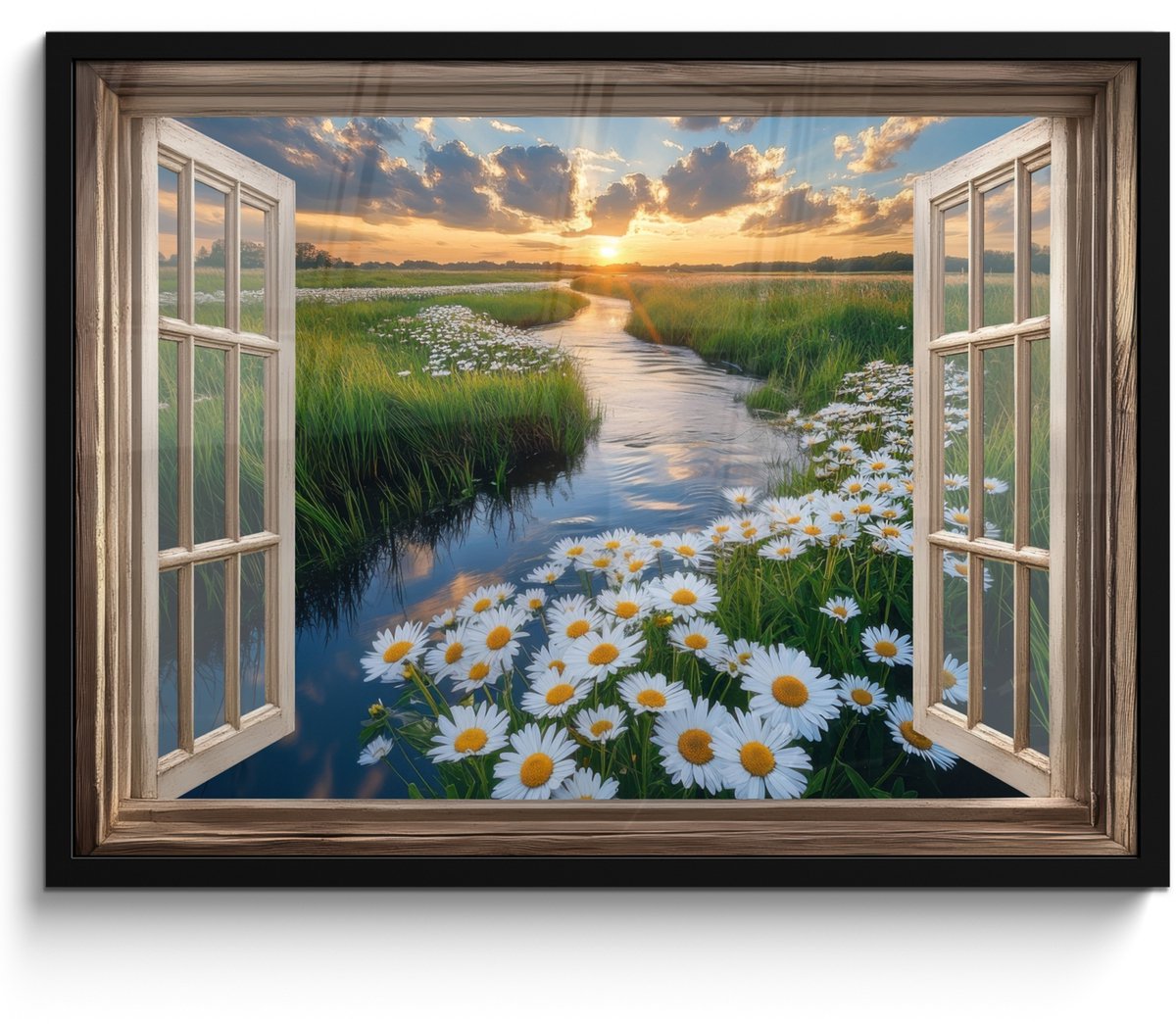 FrameYourWall Poster in lijst - Fotolijst 70x50 cm - Posters - Doorkijk - Landschap - Raam - Water - Zonsondergang - Posterlijst zwart - Decoratie - Wanddecoratie woonkamer - Muurdecoratie slaapkamer Landschap - Water