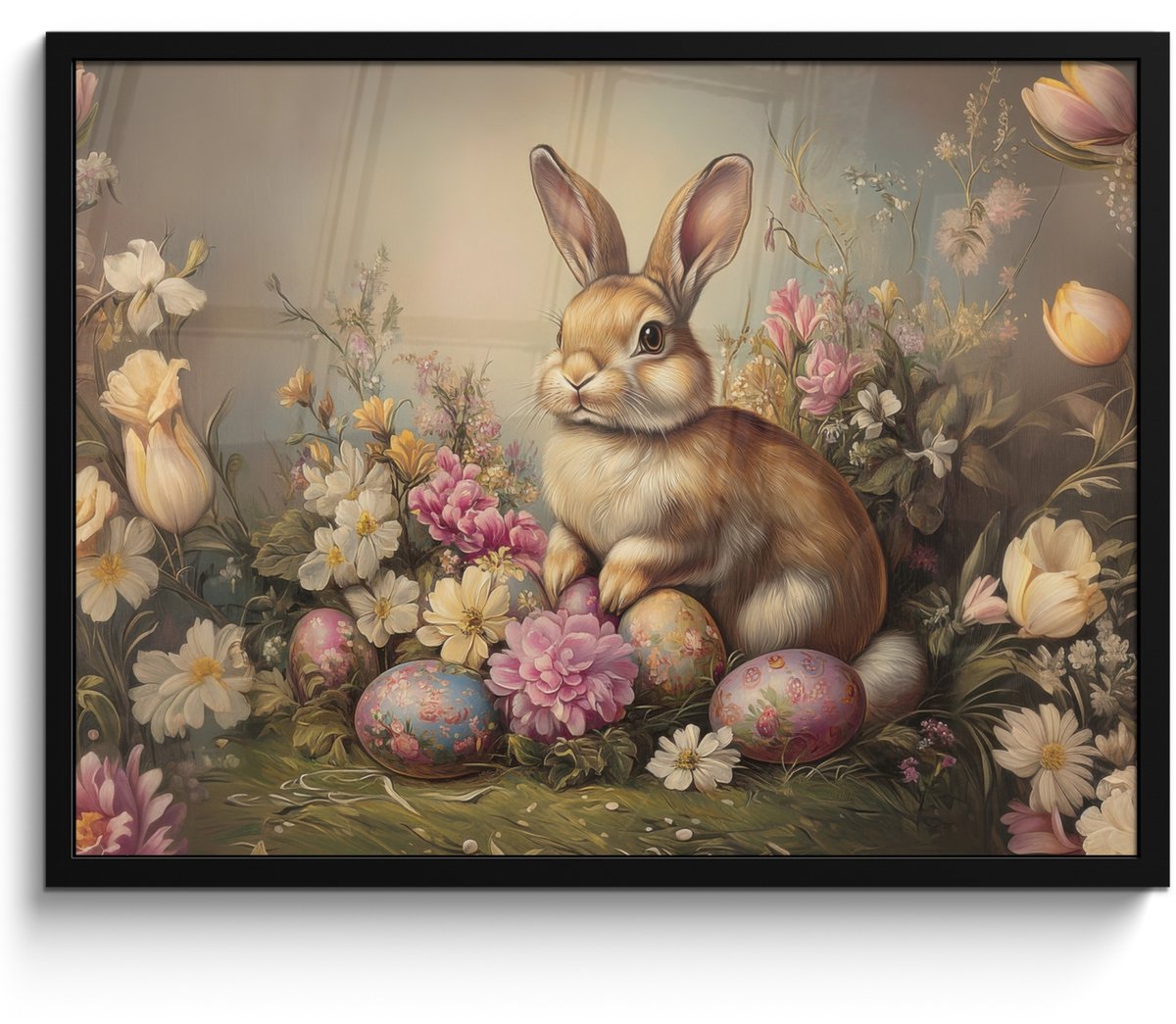 FrameYourWall Poster in lijst - Fotolijst 70x50 cm - Posters - Haas - Stilleven - Bloemen - Posterlijst zwart - Decoratie - Wanddecoratie woonkamer - Muurdecoratie slaapkamer Paashaas - Vintage