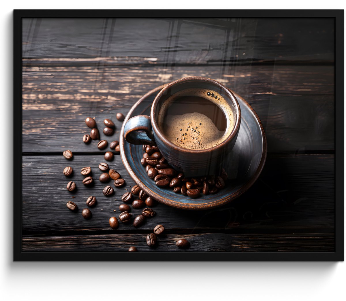 FrameYourWall Poster in lijst - Fotolijst 70x50 cm - Posters - Kop - Koffie - Hout - Bonen - Posterlijst zwart - Decoratie - Wanddecoratie woonkamer - Muurdecoratie slaapkamer Bonen - Koffie