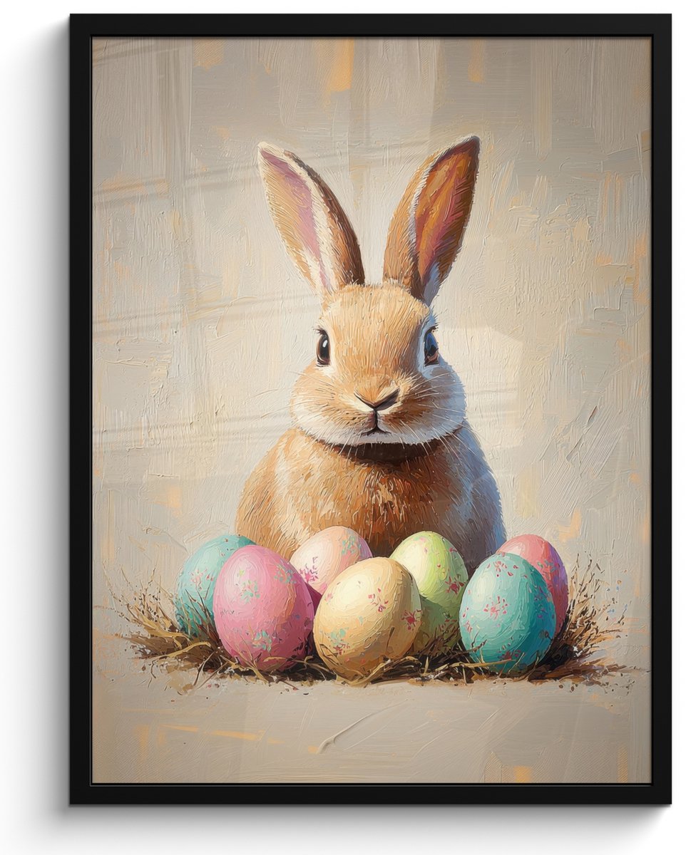 FrameYourWall Poster in lijst - Fotolijst 50x70 cm - Posters - Paashaas - Pastel - Eieren - Posterlijst zwart - Decoratie - Wanddecoratie woonkamer - Muurdecoratie slaapkamer