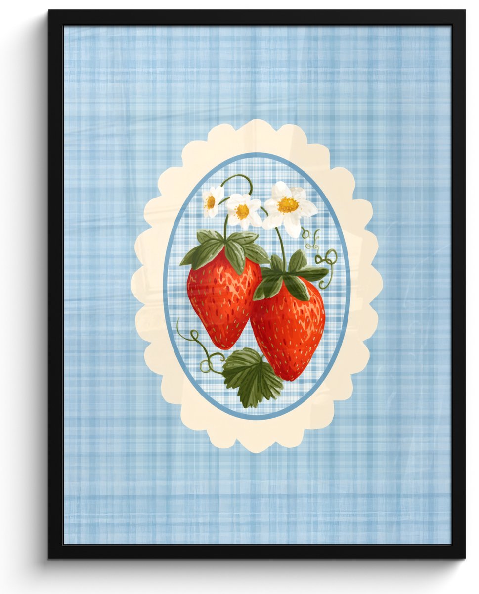 FrameYourWall Poster in lijst - Fotolijst 50x70 cm - Posters - Aardbeien - Lijst - Rood - Geruit - Posterlijst zwart - Decoratie - Wanddecoratie woonkamer - Muurdecoratie slaapkamer