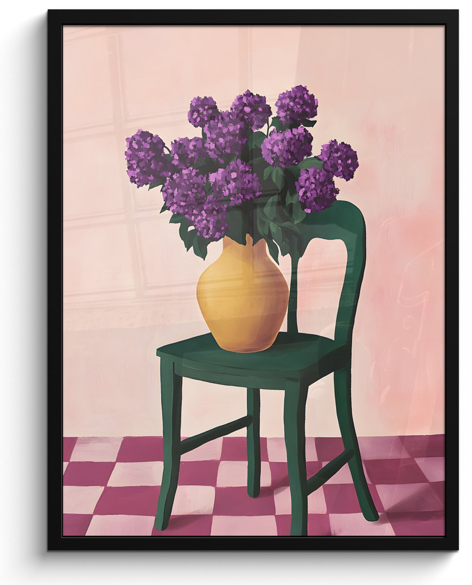 FrameYourWall Poster in lijst - Fotolijst 50x70 cm - Posters - Stoel - Vaas - Bloemen - Geblokt - Posterlijst zwart - Decoratie - Wanddecoratie woonkamer - Muurdecoratie slaapkamer
