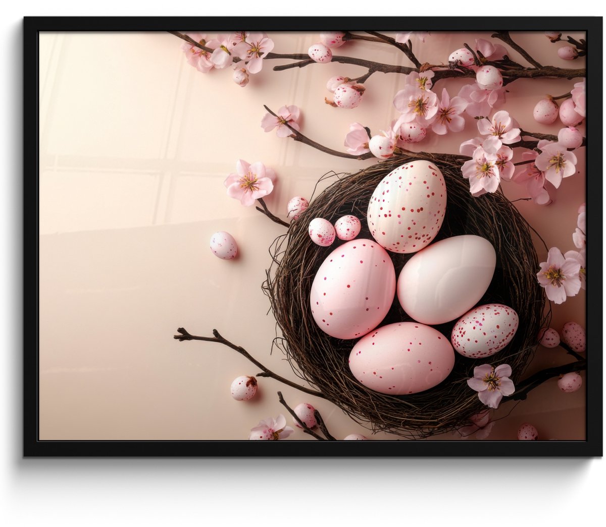 FrameYourWall Poster in lijst - Fotolijst 70x50 cm - Posters - Roze - Bloesems - Eieren - Posterlijst zwart - Decoratie - Wanddecoratie woonkamer - Muurdecoratie slaapkamer