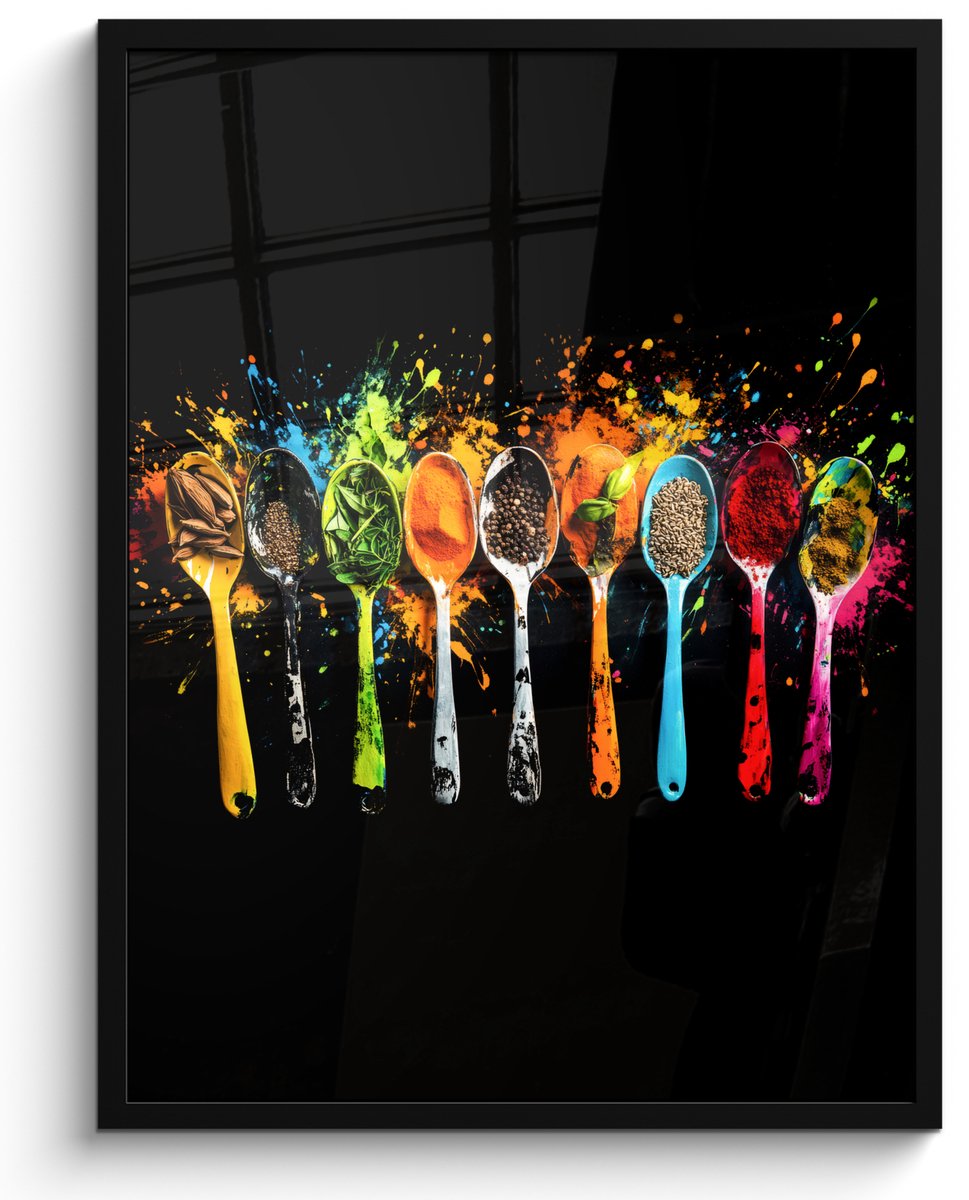 FrameYourWall Poster in lijst - Fotolijst 50x70 cm - Posters - Lepels - Kruiden - Modern - Graffiti - Verf - Kleurrijk - Posterlijst zwart - Decoratie - Wanddecoratie woonkamer - Muurdecoratie slaapkamer Graffiti - Lepels - Kruiden