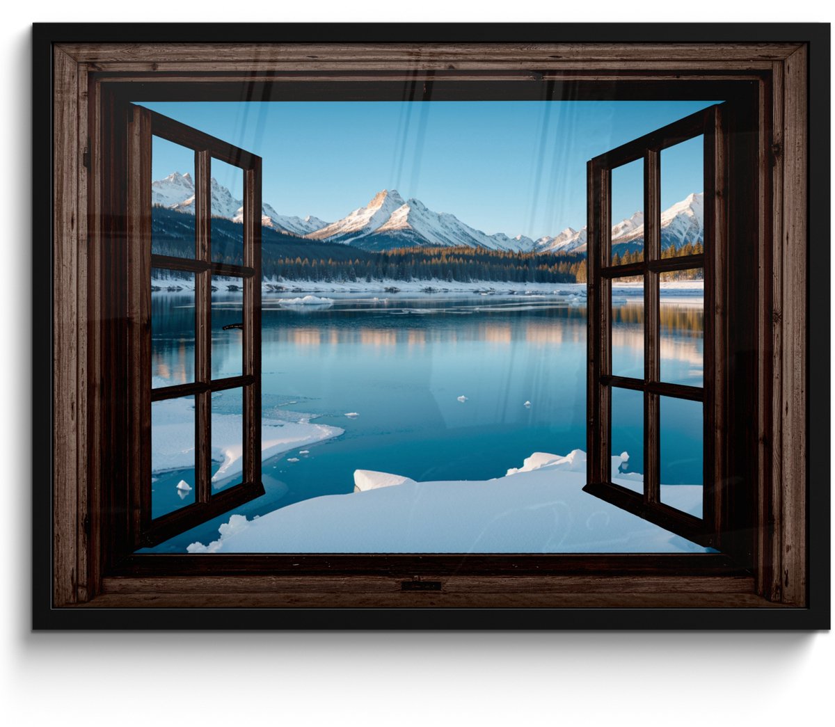 FrameYourWall Poster in lijst - Fotolijst 70x50 cm - Posters - Doorkijk - Winterlandschap - Meer - Bergen - Uitzicht - Posterlijst zwart - Decoratie - Wanddecoratie woonkamer - Muurdecoratie slaapkamer