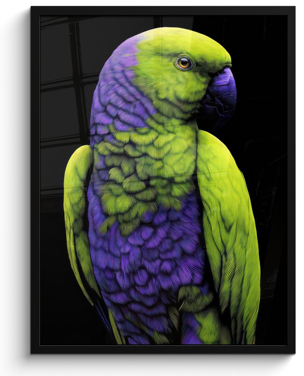 FrameYourWall Poster in lijst - Fotolijst 50x70 cm - Posters - Papegaai - Veren - Opvallend - Groen - Posterlijst zwart - Decoratie - Wanddecoratie woonkamer - Muurdecoratie slaapkamer