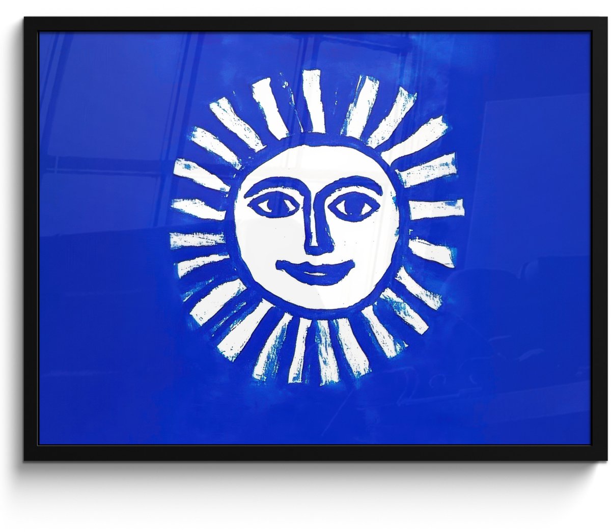 FrameYourWall Poster in lijst - Fotolijst 70x50 cm - Posters - Zon - Gezicht - Penseelstructuur - Blauw - Posterlijst zwart - Decoratie - Wanddecoratie woonkamer - Muurdecoratie slaapkamer
