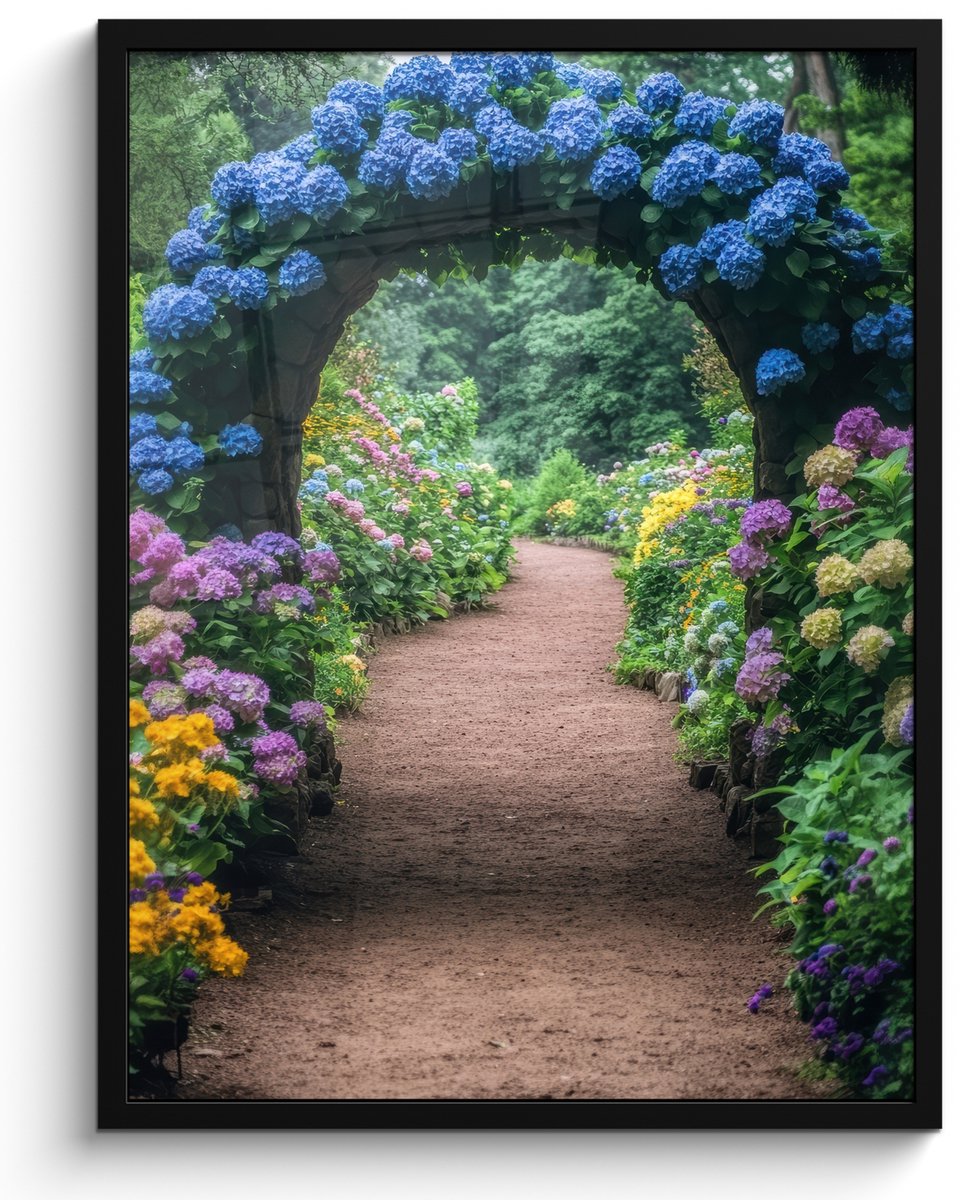 FrameYourWall Poster in lijst - Fotolijst 50x70 cm - Posters - Doorkijk - Bloemen - Hortensia - Pad - Posterlijst zwart - Decoratie - Wanddecoratie woonkamer - Muurdecoratie slaapkamer Poort - Hortensia