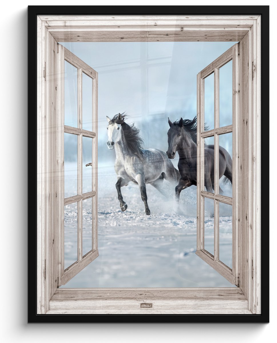 FrameYourWall Poster in lijst - Fotolijst 50x70 cm - Posters - Doorkijk - Paarden - Winter - Dieren - Natuur - Wit - Posterlijst zwart - Decoratie - Wanddecoratie woonkamer - Muurdecoratie slaapkamer