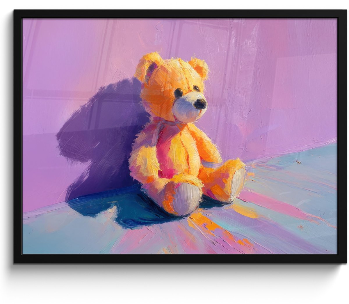 FrameYourWall Poster in lijst - Fotolijst 70x50 cm - Posters - Teddybeer - Schaduw - Penseelstreken - Paars - Posterlijst zwart - Decoratie - Wanddecoratie woonkamer - Muurdecoratie slaapkamer