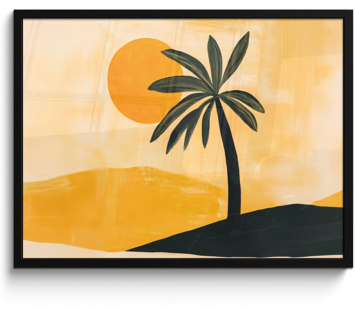 FrameYourWall Poster in lijst - Fotolijst 70x50 cm - Posters - Illustratie - Palmboom - Zon - Heuvels - Posterlijst zwart - Decoratie - Wanddecoratie woonkamer - Muurdecoratie slaapkamer