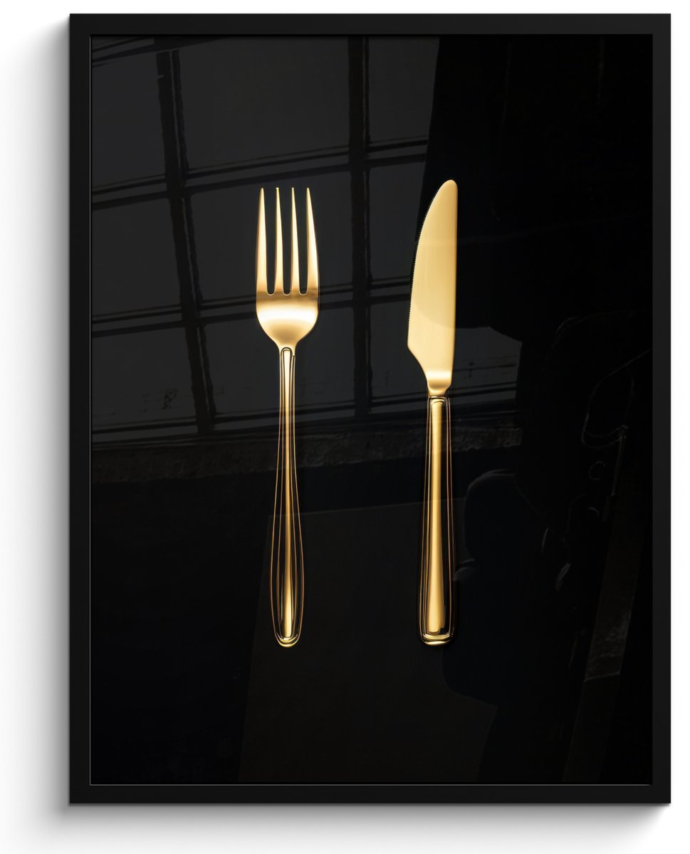 FrameYourWall Fotolijst inclusief poster - Posterlijst 50x70 cm - Posters - Bestek - Goud - Mes - Vork - Foto in lijst - Keuken decoratie muur - Wanddecoratie accessoires - Muurdecoratie - Schilderijen