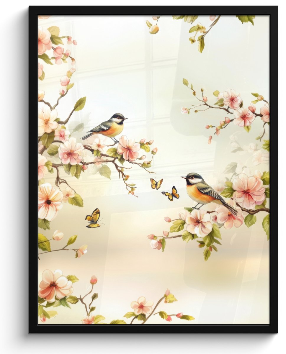 FrameYourWall Poster in lijst - Fotolijst 50x70 cm - Posters - Takken - Bloemen - Vogeltjes - Roze - Posterlijst zwart - Decoratie - Wanddecoratie woonkamer - Muurdecoratie slaapkamer