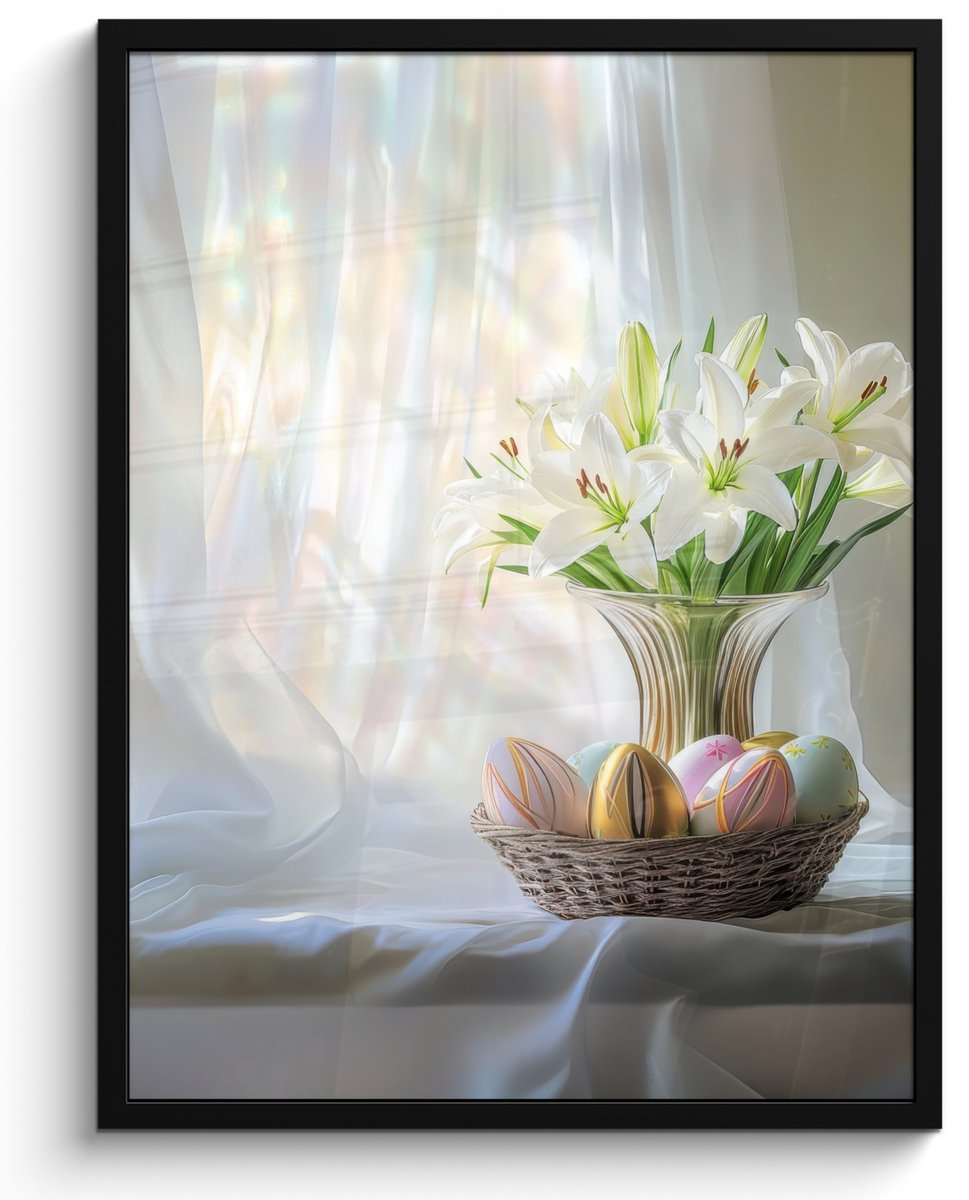 FrameYourWall Poster in lijst - Fotolijst 50x70 cm - Posters - Vaas - Eieren - Bloemen - Posterlijst zwart - Decoratie - Wanddecoratie woonkamer - Muurdecoratie slaapkamer Lelies - Stilleven