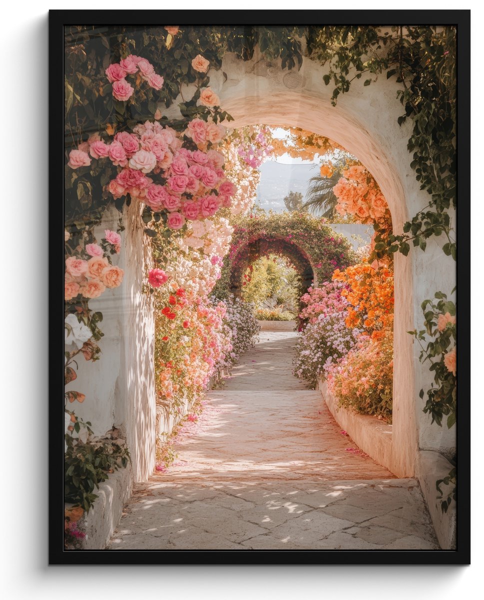 FrameYourWall Poster in lijst - Fotolijst 50x70 cm - Posters - Doorkijk - Boog - Bloemen - Pastel - Posterlijst zwart - Decoratie - Wanddecoratie woonkamer - Muurdecoratie slaapkamer Boog - Zomers