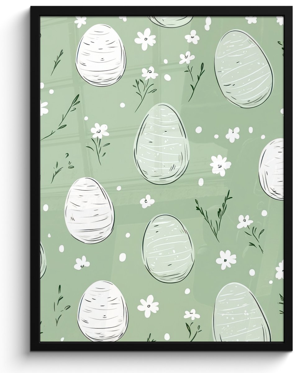 FrameYourWall Poster in lijst - Fotolijst 50x70 cm - Posters - Groen - Eieren - Patroon - Posterlijst zwart - Decoratie - Wanddecoratie woonkamer - Muurdecoratie slaapkamer Pasen